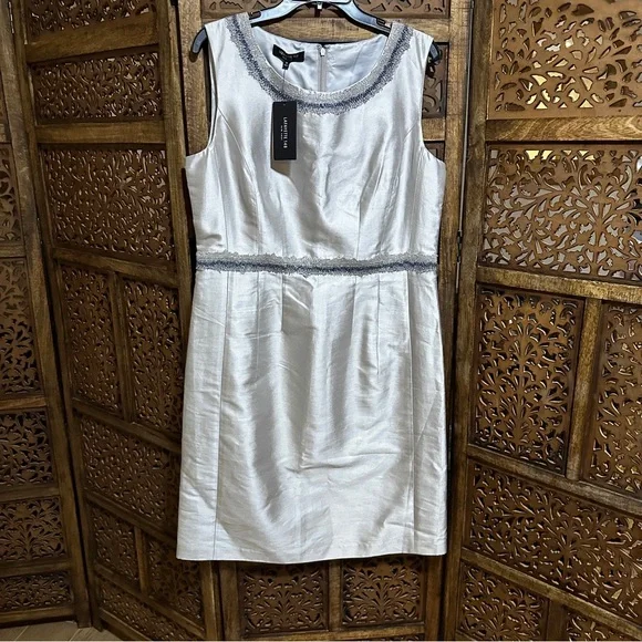 NWT Lafayette 148 Silver Gray Sheath Dress Embroidered Blue Trim sz 12 reg $598
